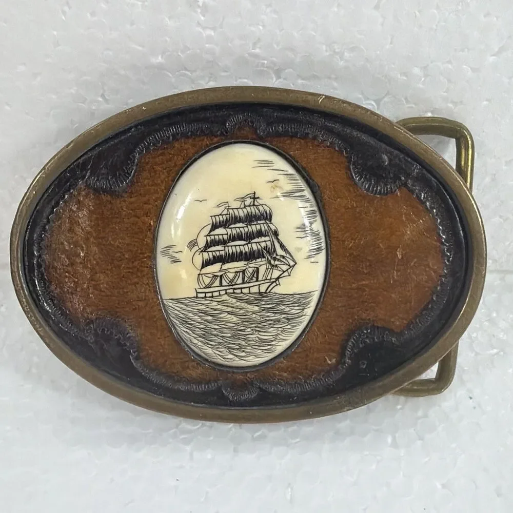 Vintage BTS Solid Brass Faux Scrimshaw Tall Sailing Ship Belt Buckle Made in USA